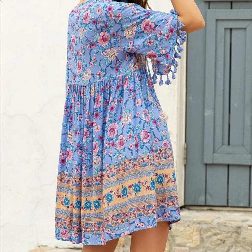 Boho floral print fringe trim dress- BLUE - Picture 2 of 14
